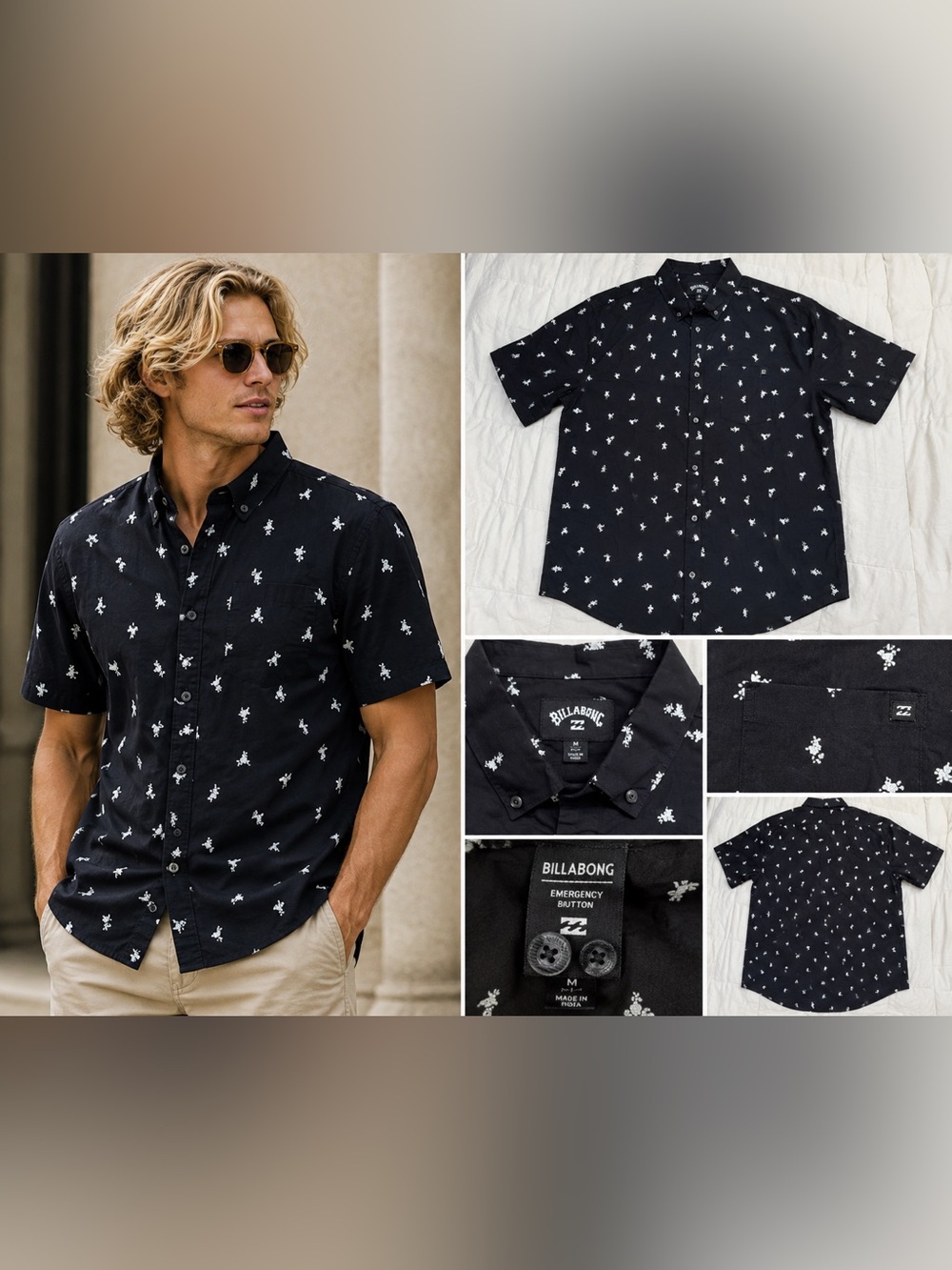 Billabong Black Short-Sleeve Button-Down Shirt with White Palm Print